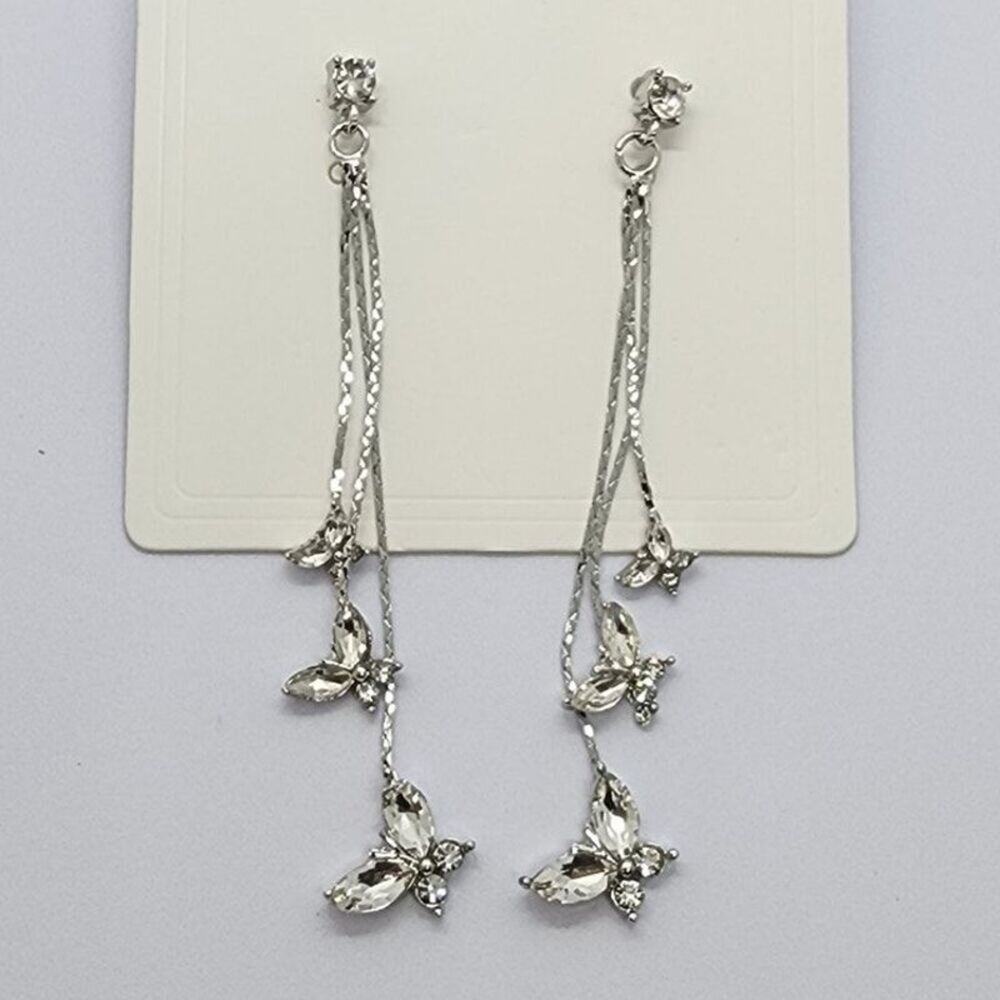 Butterfly Dangle Earrings Silver Tone Metal Cubic Zirconia Jewels Pretty